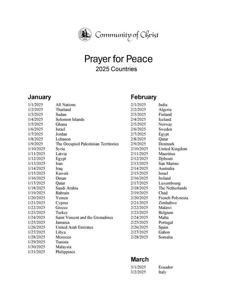 Prayer for Peace: 2025 Country List (PDF Download)