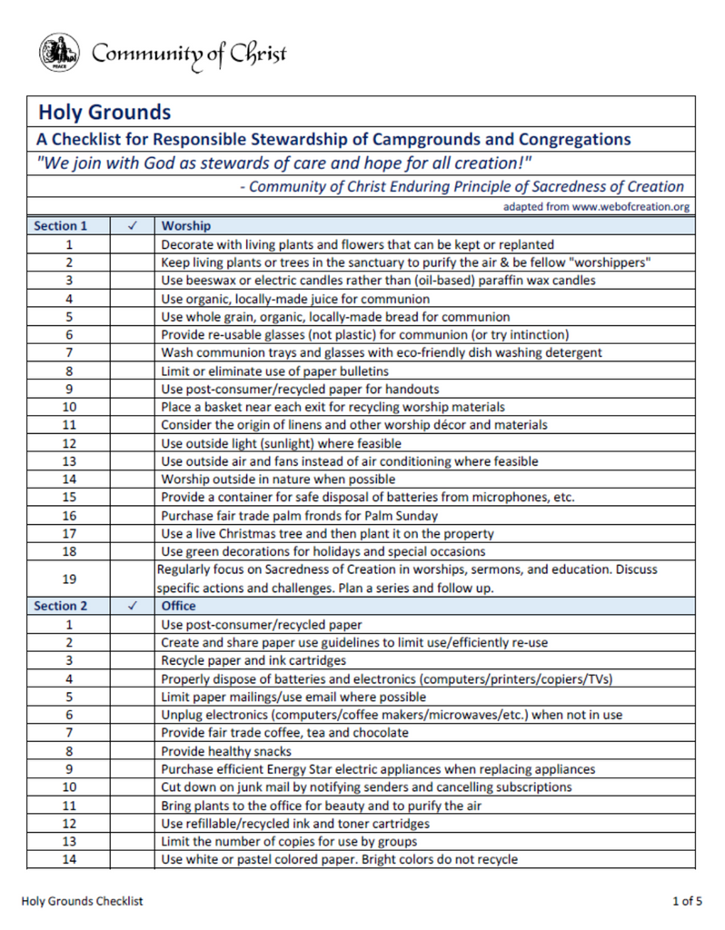 Heal the Earth: Green Congregation and Campground Checklist (PDF Download)