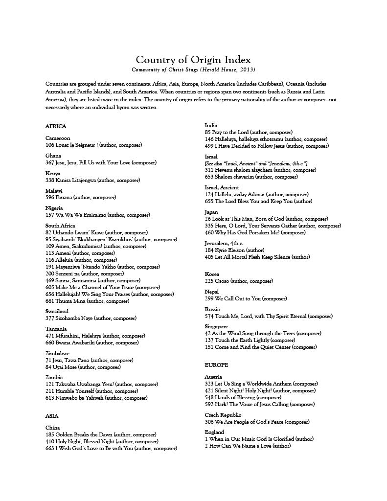 Community of Christ Sings Country of Origin Index (PDF Download)