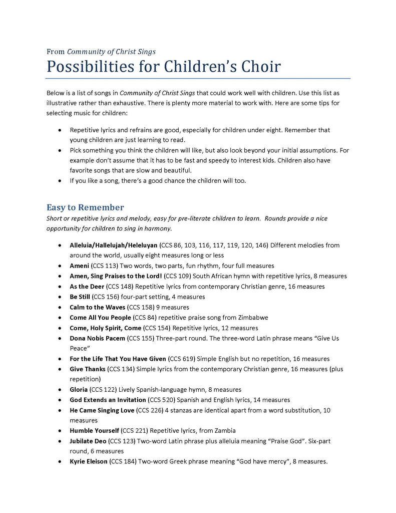 Community of Christ Sings Possibilities for Children’s Choir (PDF Download)