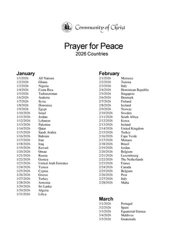 Prayer for Peace: 2026 Country List (PDF Download)