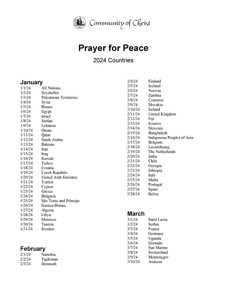Prayer for Peace: 2024 Country List (PDF Download)