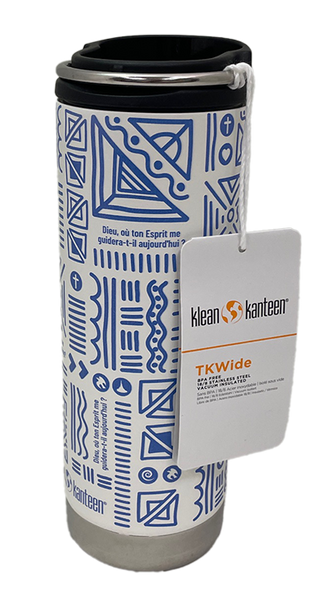 Klean Kanteen tumbler with blue geometric pattern on a white background