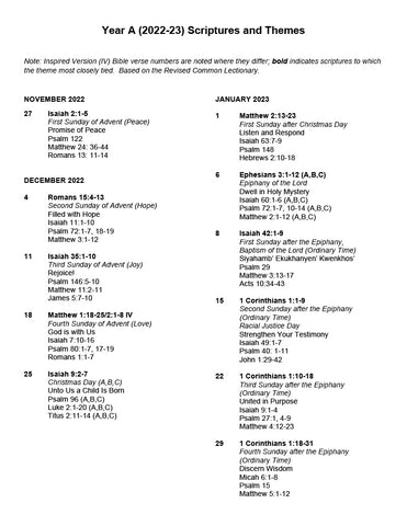 Year A (2022-2023) Scriptures and Themes (PDF Download)